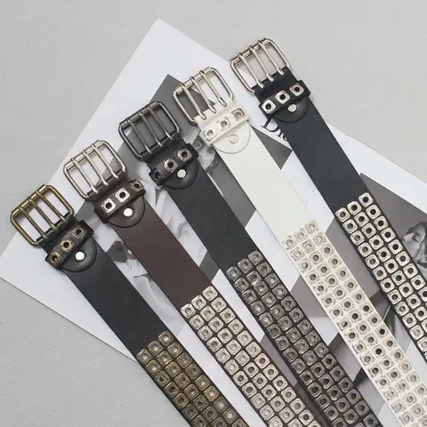 Retro Punk Rock Faux Leather Belt With Square Rivets Hollow Out Geometric Grommets Pin Buckle Belt For Jeans Men Women Unisex