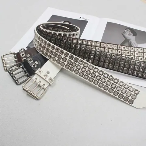 Retro Punk Rock Faux Leather Belt With Square Rivets Hollow Out Geometric Grommets Pin Buckle Belt For Jeans Men Women Unisex