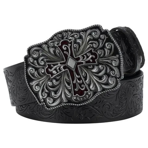Vintage PU Leather Embossed Waist Belt Men Women Punk Hip Hop Cross Engraved Metal Alloy Buckle Jeans Belt Waistband Decorative Accessory