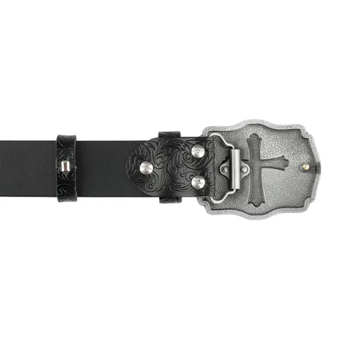 Vintage PU Leather Embossed Waist Belt Men Women Punk Hip Hop Cross Engraved Metal Alloy Buckle Jeans Belt Waistband Decorative Accessory