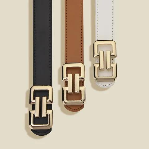 Cinturón De Cuero PU De Moda Para Mujer Hebilla De Placa Geométrica De Aleación Cinturón Fino Minimalista Versátil Para Pantalones