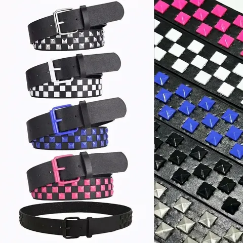 Herren Damen Punk Pyramide Besetzt PU Leder Gürtel Heavy Metal Eisen Dornschließe Gothic Schachbrettmuster Nieten Gürtel Für Jeans