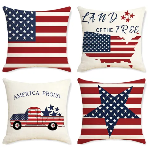American Independence Day Linen Throw Pillow Case Patriotic Stars Striped Printed Cushion Cover For Couch Home Festive Decoration