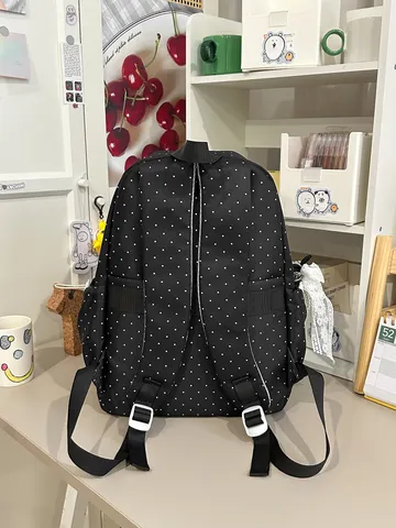 Korean Ins Style Polka Dot Nylon Backpack For Women Large Capacity Lace Trim School Bag Casual Travel Rucksack For Students