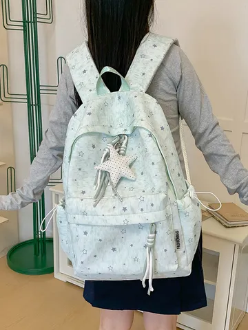 Ins Style Star Print Backpack For Women Student High Capacity School Bag Casual Travel Rucksack With Star Pendant Nylon Lightweight Breathable Bookbag