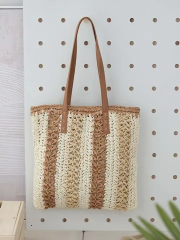 Hand Woven Paper Rope Straw Bag Women Large Capacity Hollow Out Color Block Tote Shoulder Bag Casual Commuting Handbag