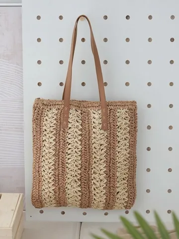 Hand Woven Paper Rope Straw Bag Women Large Capacity Hollow Out Color Block Tote Shoulder Bag Casual Commuting Handbag