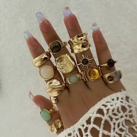 Vintage Alloy Irregular Geometric Rhinestone Open Ring Set For Women Men Fashion Statement Jewelry Finger Rings Gift