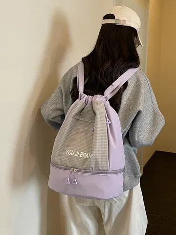 Sac à Dos Cordon Décontracté Plaid Unisexe Sac de Sport en Nylon Imperméable pour Fitness Voyage Avec Compartiment Sec Humide