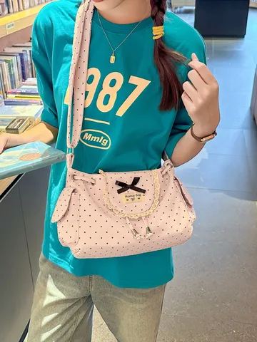 Γυναικείο Casual Nylon Polka Dot Crossbody Bag Sweet Cute Lace Trim Drawstring Bucket Bag Fashion Travel Shoulder Bag