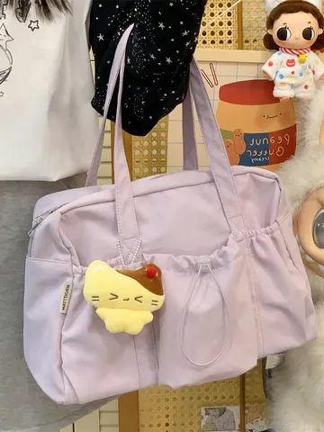 Casual Nylon Travel Bag Lightweight Commuter Shoulder Bag Solid Color Pleated Tote Bag With Drawstring Pocket For Women