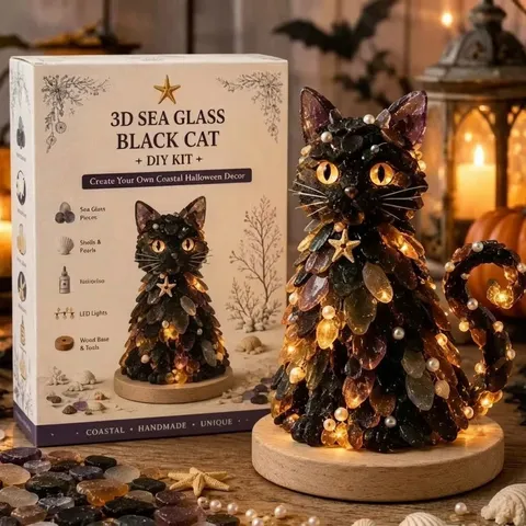 Lighted Sea Glass Halloween Character DIY Craft Kit With Wooden Base LED String Lights Coastal Acrylic Holiday Night Light Table Ornament Decoration