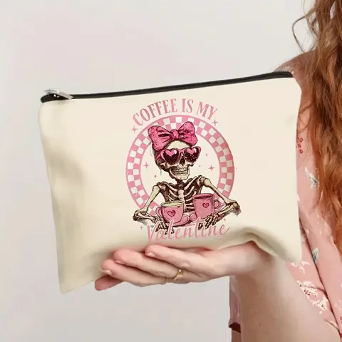 Bolsa de Maquillaje de Lona Bolsa de Cosméticos Organizador de Artículos de Aseo de Viaje Portátil Monedero con Cremallera Lindo Estampado de Letras Bolsa de Almacenamiento
