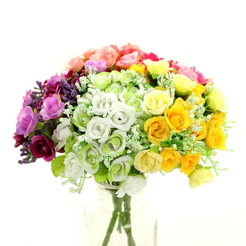 Artificial Silk Rose Flower Bouquet Small Bud Fake Floral Home Wedding Party Decoration Table Centerpiece Photography Prop
