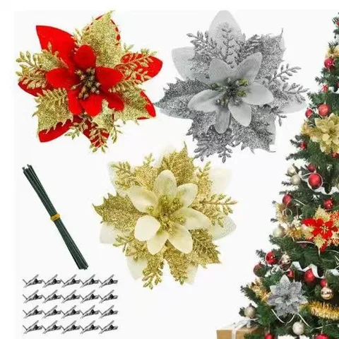 Christmas Artificial Flowers Gold Powder Glitter Flower Heads Wreath Tree DIY Decoration Accessories Party Home Decor