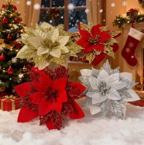 Christmas Artificial Flowers Gold Powder Glitter Flower Heads Wreath Tree DIY Decoration Accessories Party Home Decor