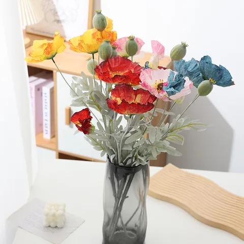 Artificial Poppy Flower Silk Flocked Six Heads Long Stem Fake Flowers For Home Decor Wedding Party Photography Props