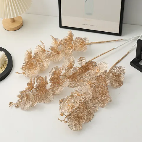 Gold Artificial Phalaenopsis Flowers Hollow Mesh Orchid Stems For New Year Home Decor Festive Floral Arrangement