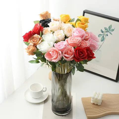 Artificial Silk Rose Flower Single Branch Realistic Fake Rose For Wedding Photography Props Valentine Gift Home Decor