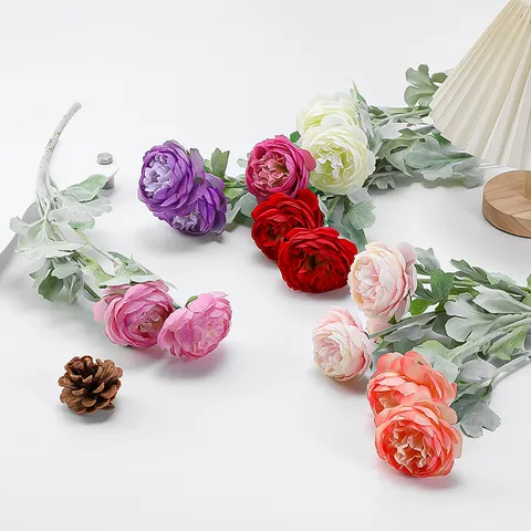 Artificial Flocked Silk Ranunculus Flower Branch Fake Floral Bouquet For Wedding Party Home Decor Table Centerpiece