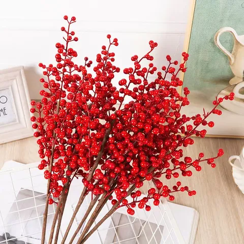 Artificial Red Berry Branches Fake Holly Berries Stem For Christmas New Year Home Wedding Party Decorative Floral Arrangement