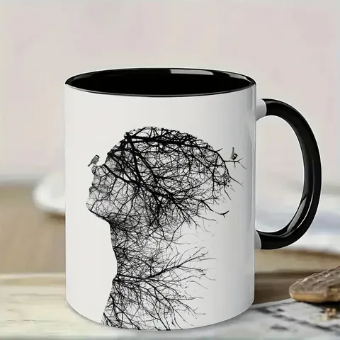 Tazza da Caffè in Ceramica Moderno Minimalista Carino Cartone Animato Stampa Artistica Ufficio Tazza d'Acqua Manico Nero e Bianco