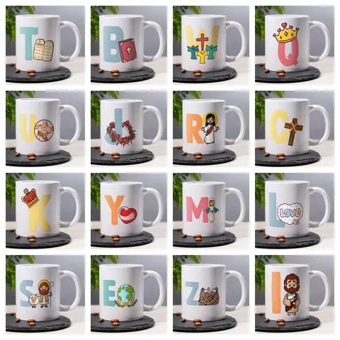 Ceramic Coffee Mug Modern Minimalist Office Drinking Cup With Alphabet Letter And Religious Print Daily Gift