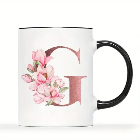 Minimalist Ceramic Coffee Mug With Black Handle And Floral Letter Printed Office Mug