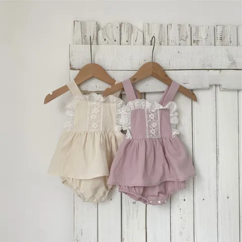 Infant Baby Girls Pure Cotton Lace Ruffle Strap Romper Cute Floral Sweet Infant Toddler Summer Autumn Bodysuit