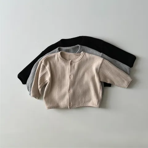 Infant Baby Toddler Cardigan Solid Color Ribbed Knit Crew Neck Single-Breasted Casual Jacket Cotton Fall Spring Kids Outerwear