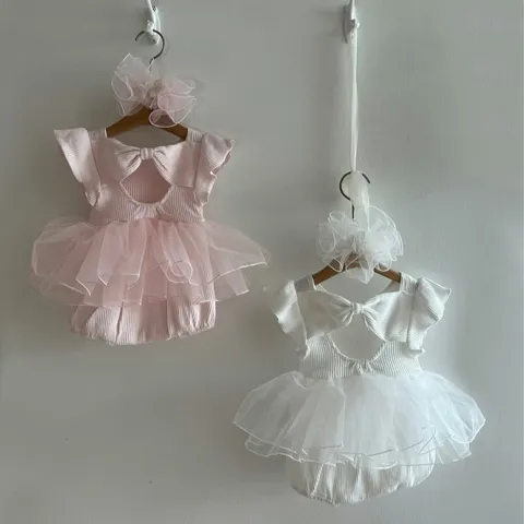 Bébé Filles Été Mignon Maille Nœud Papillon Manches Volants Barboteuse Nouveau-Né Mélange de Coton Couleur Unie Robe Princesse Body