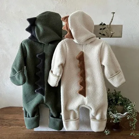 Infant Baby Double-Sided Fleece Dinosaur Hooded Romper Thickened Warm Long Climbing Clothes Winter Cute Outerwear