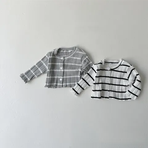 Toddler Baby Ribbed Striped Knit Cardigan Long Sleeve Cotton Button Up Outerwear Casual Sweater For Infants Boys Girls