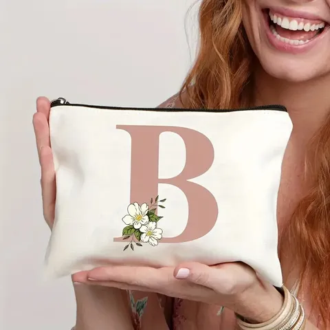 Segeltuch Kosmetiktasche Buchstaben Blumenmuster Kulturbeutel Reisebeutel Make-up-Tasche Brautparty Geschenk für Damen