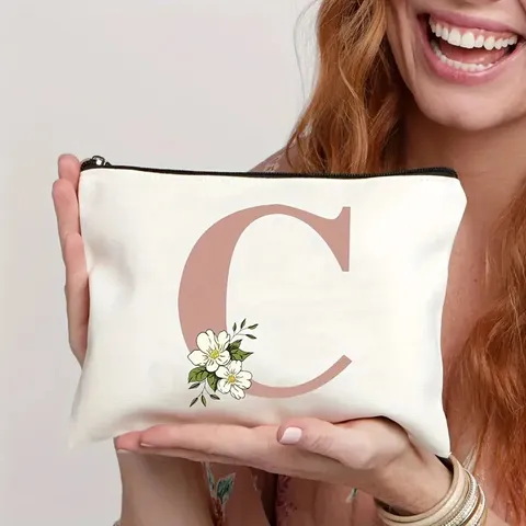 Segeltuch Kosmetiktasche Buchstaben Blumenmuster Kulturbeutel Reisebeutel Make-up-Tasche Brautparty Geschenk für Damen