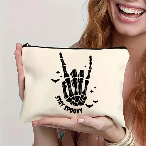 Halloween Funny Canvas Makeup Bag Portable Toiletry Pouch Zipper Storage Bag Cartoon Print Cosmetic Bag For Women