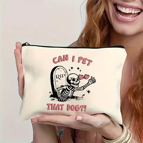 Halloween Funny Canvas Makeup Bag Portable Toiletry Pouch Zipper Storage Bag Cartoon Print Cosmetic Bag For Women