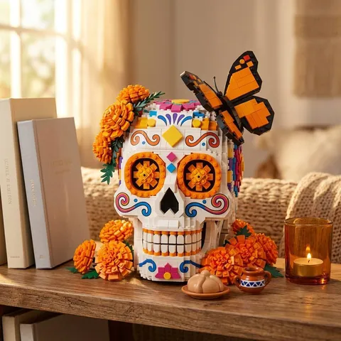 Day of the Dead Skull Building Blocks Kit Marigold Flower Butterfly DIY Educational Toy Festive Party Home Decor