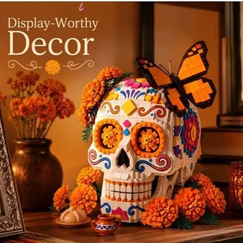 Day of the Dead Skull Building Blocks Kit Marigold Flower Butterfly DIY Educational Toy Festive Party Home Decor