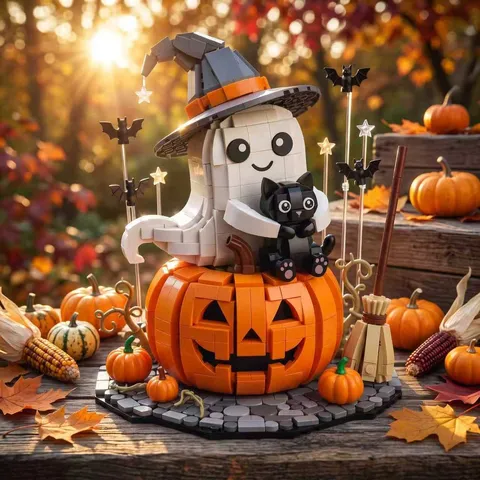 Halloween Building Blocks Set Ghost Witch Hat Black Cat Pumpkin Lamp Bricks Kids Educational Desktop Decoration Toys