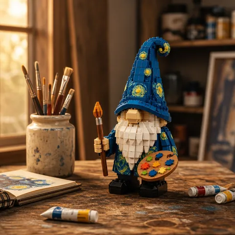 Van Gogh Sunflower Starry Night Building Blocks Gnome Figurine Desktop Ornament ABS Assembling Toy Artist Collection