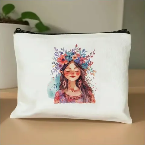 Leinwand Kosmetiktasche Tragbare Make-up Tasche Reise Kulturbeutel Süße Cartoon Blumen Drucken Reißverschluss Aufbewahrungstasche Für Frauen