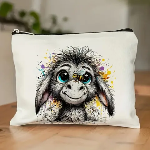 Trousse de Maquillage Blanche en Toile Mignon Imprimé Animal de Dessin Animé Trousse de Toilette de Voyage Pochette de Maquillage Portable Avec Fermeture Éclair