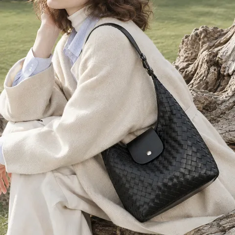 Sac Cabas Bandoulière Polyvalent pour Femme en Cuir Véritable Tissé Main Sac à Main de Luxe