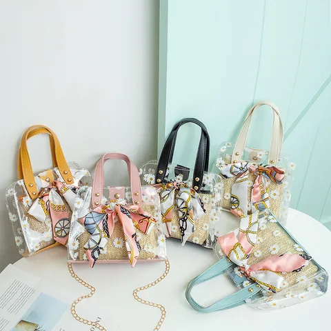 Sweet Transparent PVC Jelly Bag Composite Straw Inner Pouch Handbag Floral Printed Crossbody Shoulder Bag With Ribbon For Women