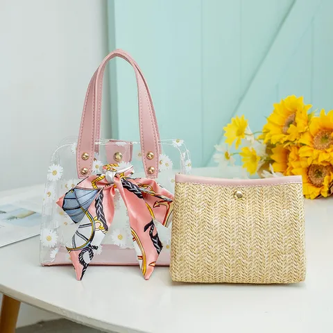 Sweet Transparent PVC Jelly Bag Composite Straw Inner Pouch Handbag Floral Printed Crossbody Shoulder Bag With Ribbon For Women