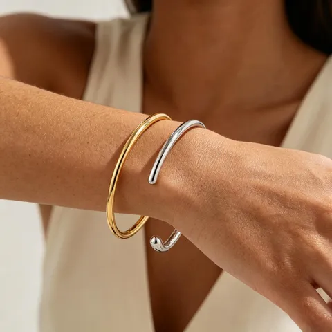 Minimalist Stainless Steel Open Bangle Bracelet Gold Silver Plated Smooth C-Shape Wristband Fashion Jewelry