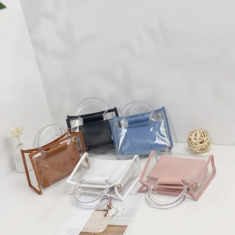 Borsa a Tracolla Trasparente in PVC di Moda Semplice Borsa a Mano con Manico Superiore Doppia Catena Custodia per Donna Quotidiano