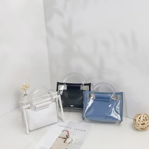 Borsa a Tracolla Trasparente in PVC di Moda Semplice Borsa a Mano con Manico Superiore Doppia Catena Custodia per Donna Quotidiano