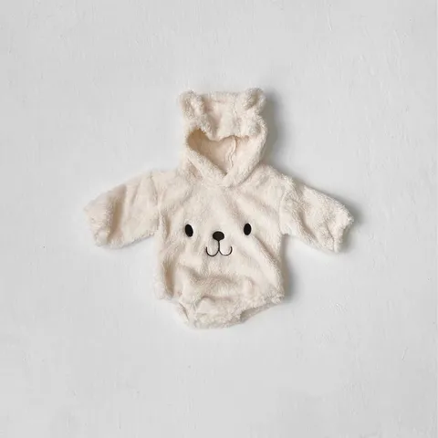 Baby Bear Embroidered Hooded Romper Thickened Double Sided Fleece Bodysuit For Infants Winter Warm Jumpsuit
